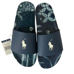 Polo Ralph Lauren Men’s Navy Blue Slides White Pony Indigo Print on Insole Sz 11